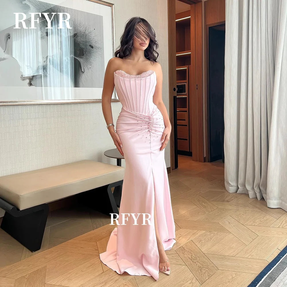 RFYR Mermaid Prom Dress Satin Evening Dress with Pearls Fish Boned Party Dress Sweetheart robes de soirée Customized