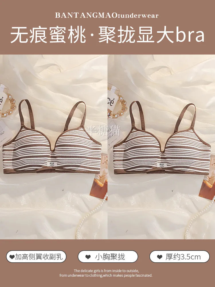 Modest Full Coverage Striped Push Up Bra for Women Small Chest Thick Padding Mastectomy Cup Anti Sagging Seamless Luxury Bra sAB
