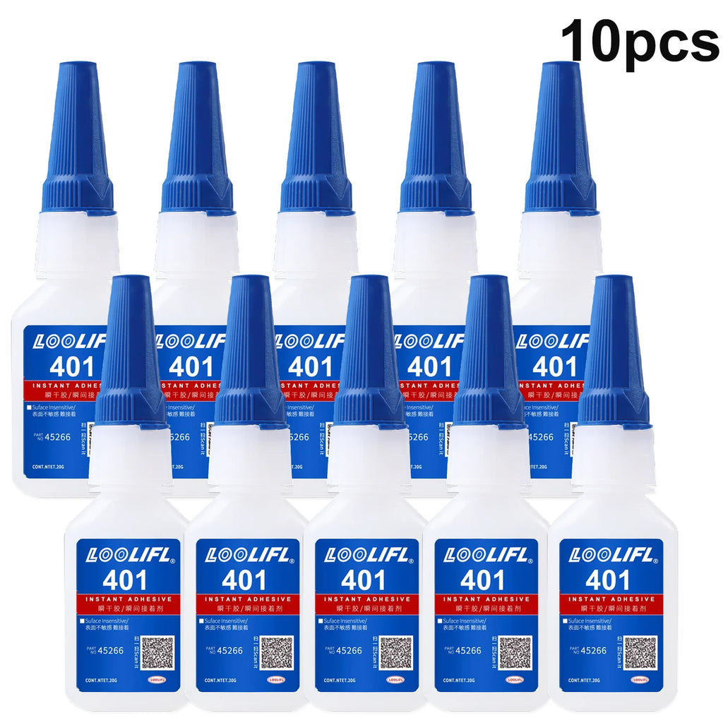 Brand-new upgraded 401 super cyanoacrylate glue, instant drying in 5 seconds, waterproof, stable and versatile bonding tool.