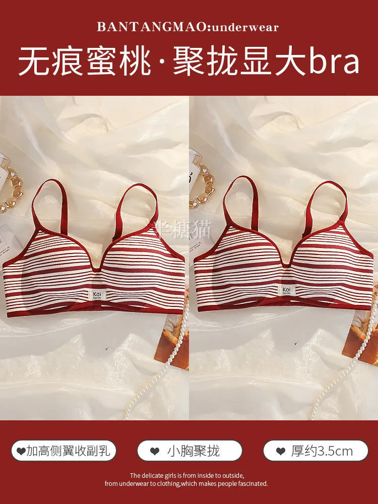 Modest Full Coverage Striped Push Up Bra for Women Small Chest Thick Padding Mastectomy Cup Anti Sagging Seamless Luxury Bra sAB