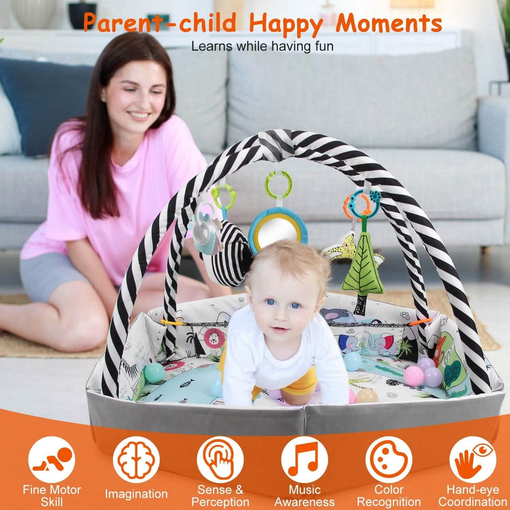 4-in-1 Baby Gym Play Mat Ball Pit with Pillow 18 Balls 9 Toys for 0-3 Years Old