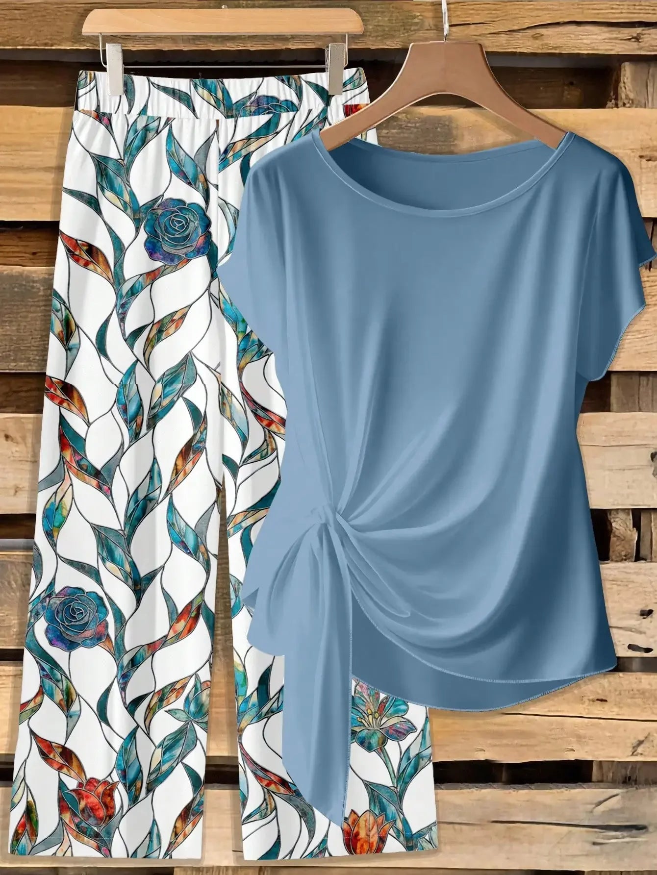 Window Geometric Print Pants Matched With Loose Tie Bow Blue Shirt, 2 Pieces Set Suitable For Spring/Summer VacationEV
