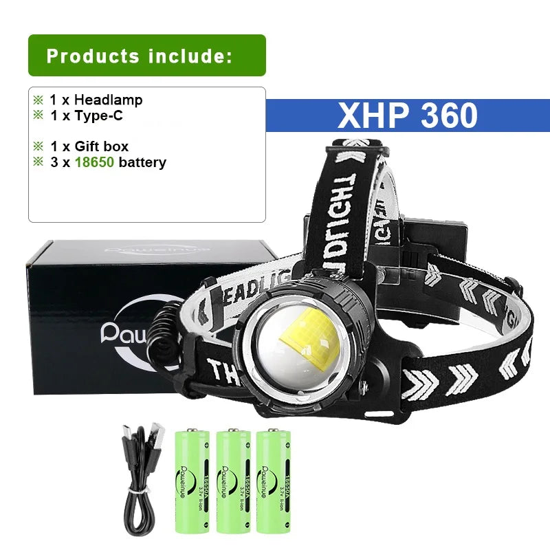 18000000LM  XHP360 Headlamp High Power Front Lantern Rechargeable Headlight 18650 Head Flashlight Camping Fishing Head Lantern