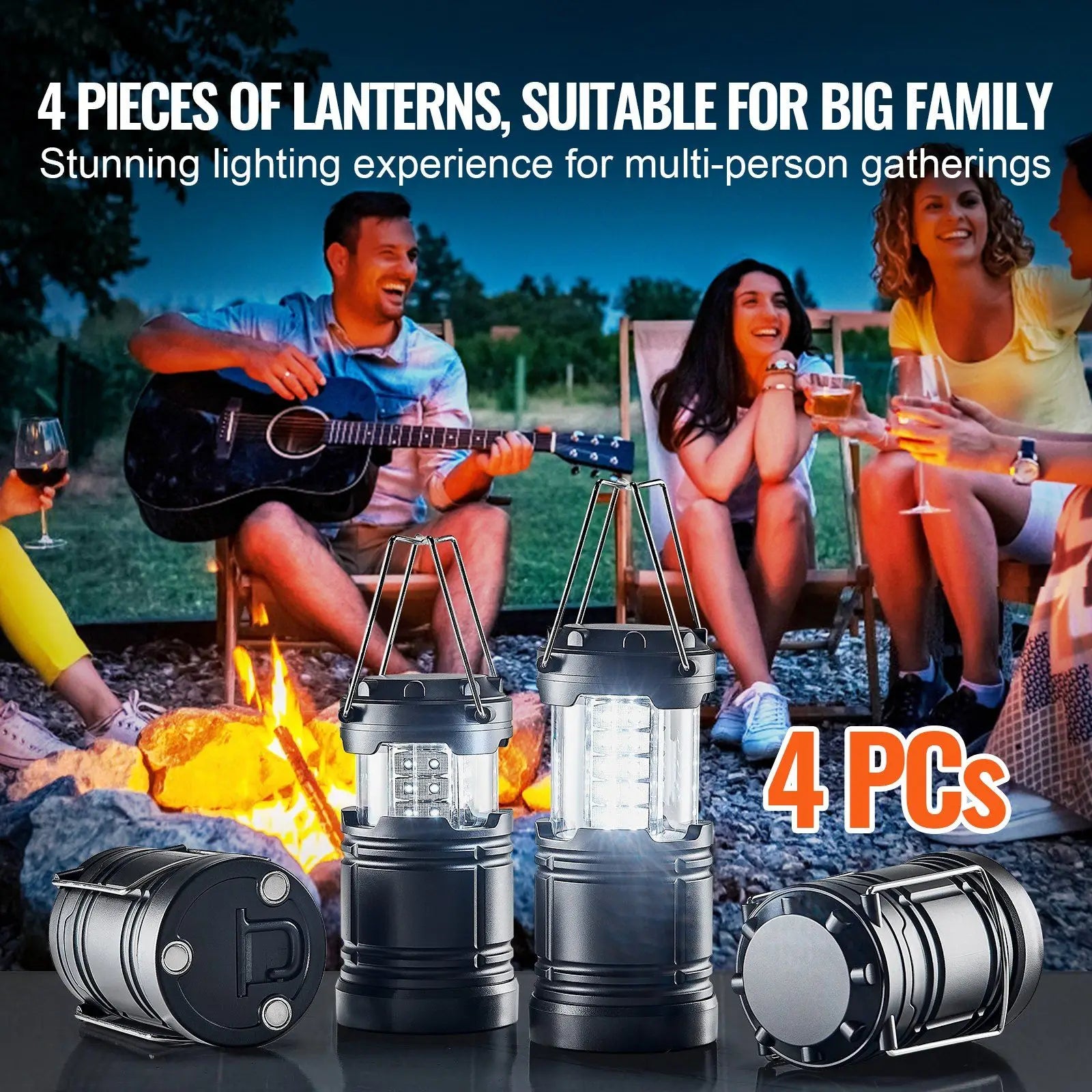 Set of 4 Collapsible LED Camping Lanterns w/Foldable Hook & Magnetic Base,Battery Powered Camping Lights(Batteries Not Included)