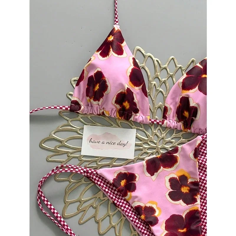 Vintage floral checked print women's bikini swimwear, suitable for spring and summer vacation beaches, poolsiv
