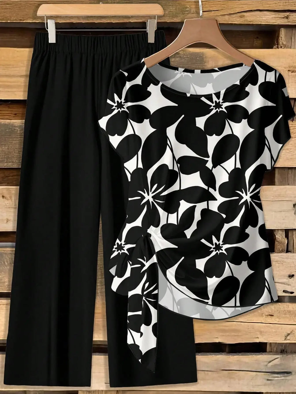 Window Geometric Print Pants Matched With Loose Tie Bow Blue Shirt, 2 Pieces Set Suitable For Spring/Summer VacationEV