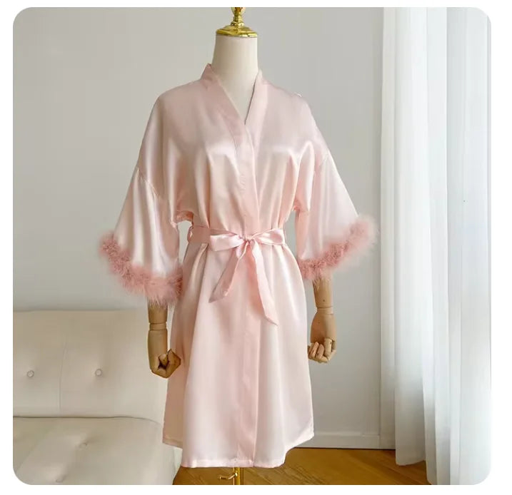 Wedding Bride Bridesmaid Robe Satin Kimono Intimate Lingerie Lady Sexy Feather Sleeve Bathrobe Nightgown Short Sleepwear Onesize
