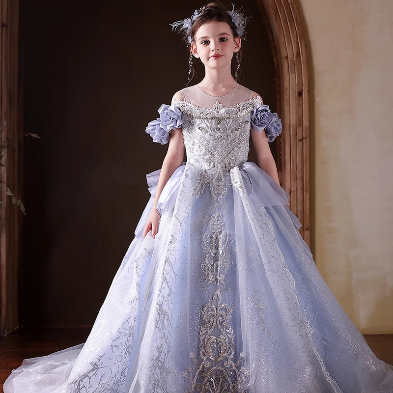 Jill Wish J200 Blue Princess Dress for Girls Off Shoulder Beaded Luxury Children Formal Gown for Wedding Birthday Party Pageant