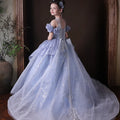 Jill Wish J200 Blue Princess Dress for Girls Off Shoulder Beaded Luxury Children Formal Gown for Wedding Birthday Party Pageant