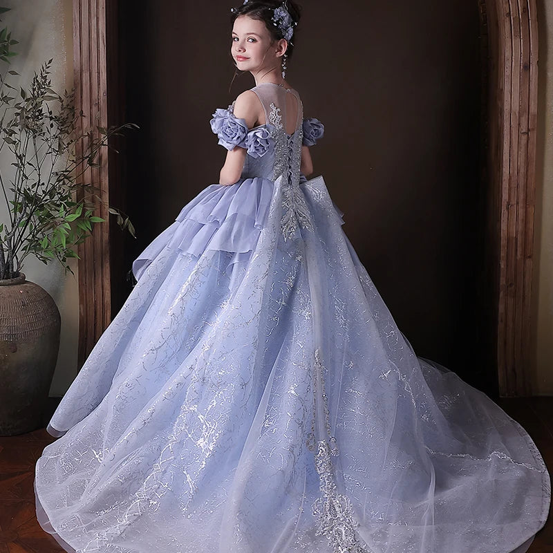 Jill Wish J200 Blue Princess Dress for Girls Off Shoulder Beaded Luxury Children Formal Gown for Wedding Birthday Party Pageant