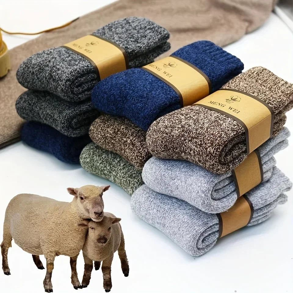3 Pairs Men's Winter Warm Socks, Thick Towel Mid-Calf Socks, Anti-Cold Snow Boots Socks Elastic Solid Color