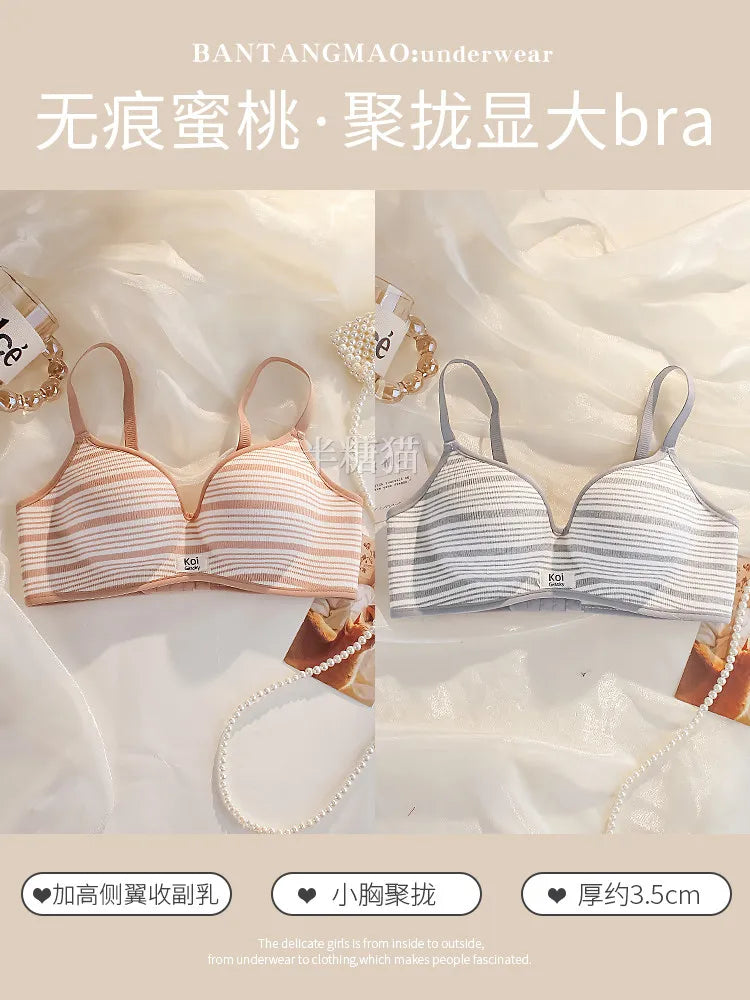 Modest Full Coverage Striped Push Up Bra for Women Small Chest Thick Padding Mastectomy Cup Anti Sagging Seamless Luxury Bra sAB