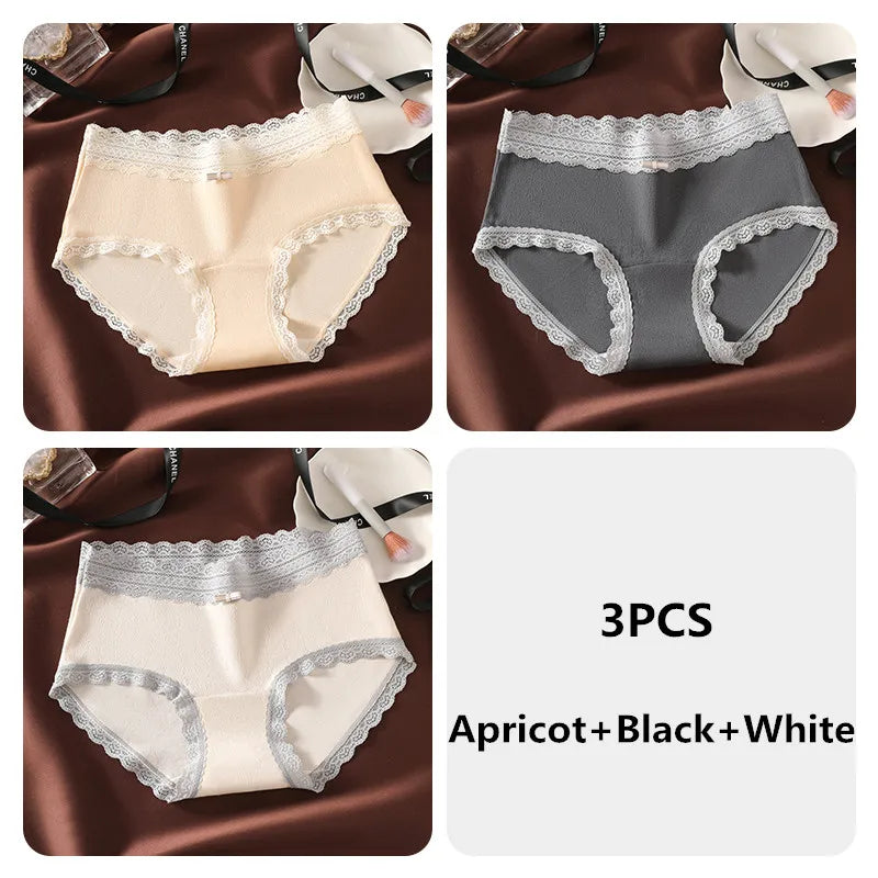 3PCS Women's Panties French Lace Mid-rise Panties Sexy Breathable Pure Cotton Underwear Soft Comfortable Briefs Intimates