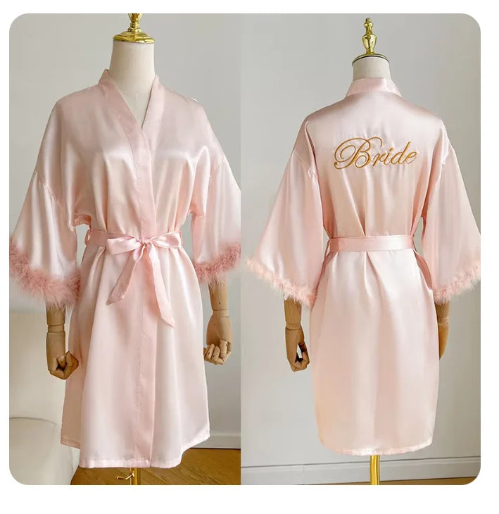 Wedding Bride Bridesmaid Robe Satin Kimono Intimate Lingerie Lady Sexy Feather Sleeve Bathrobe Nightgown Short Sleepwear Onesize