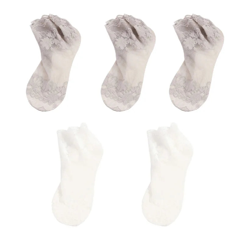 5Pairs Women's Floral Lace Socks Transparent Lolita Invisible Summer Breathable Invisible Crew Sock Summer Lolita Thin Ankle Sox