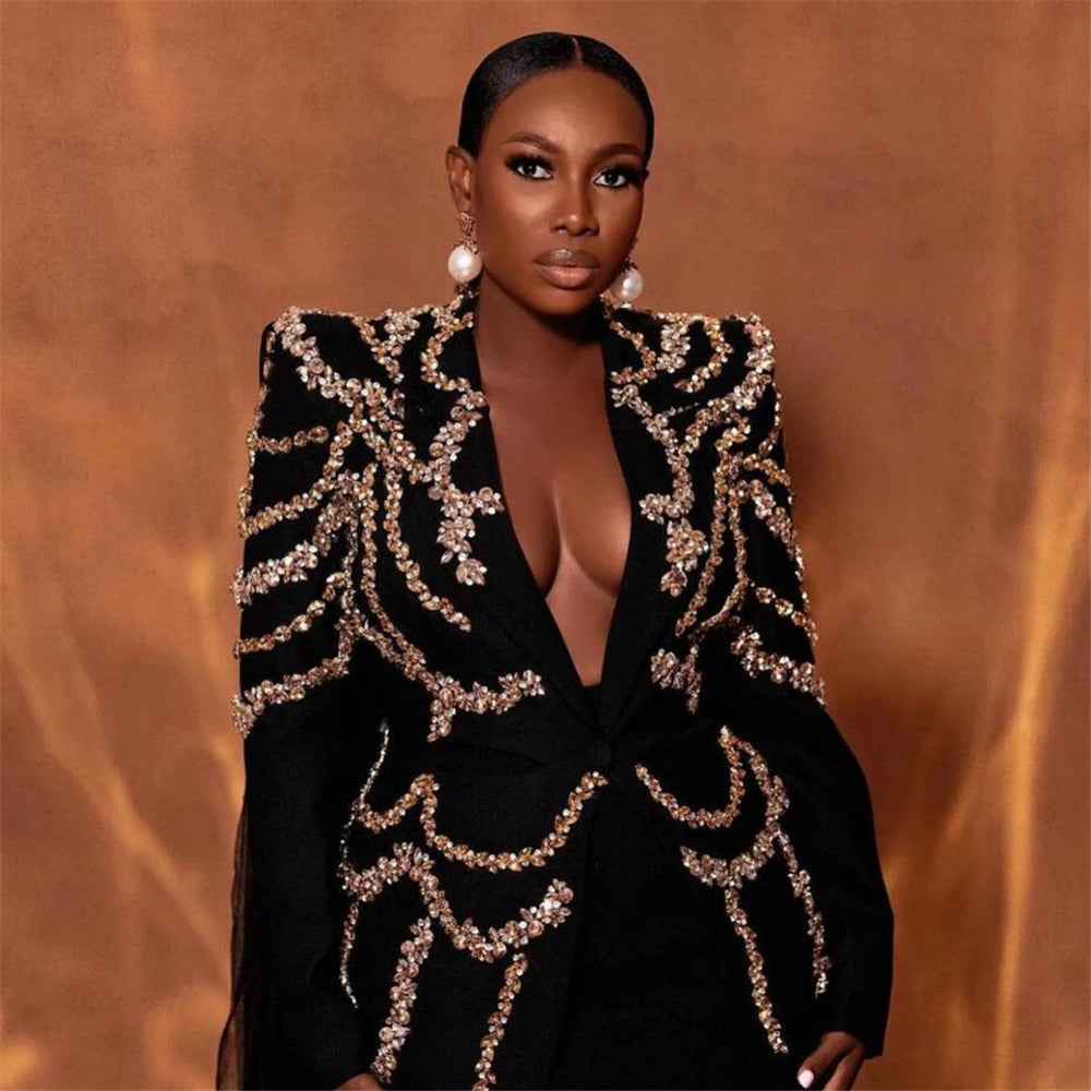 Luxury Crystal Pants Suits Women Long Jacket Mother Of The Bride Beading Tuxedos For Lady Party 2 Pieces  Customized Dresses