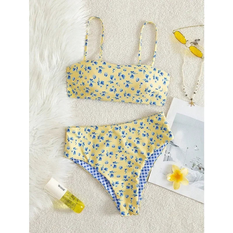 Summer double-sided printed floral asymmetrical strap swimsuit set for summer holiday beach getawaysdv