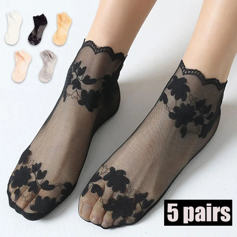 5Pairs Women's Floral Lace Socks Transparent Lolita Invisible Summer Breathable Invisible Crew Sock Summer Lolita Thin Ankle Sox