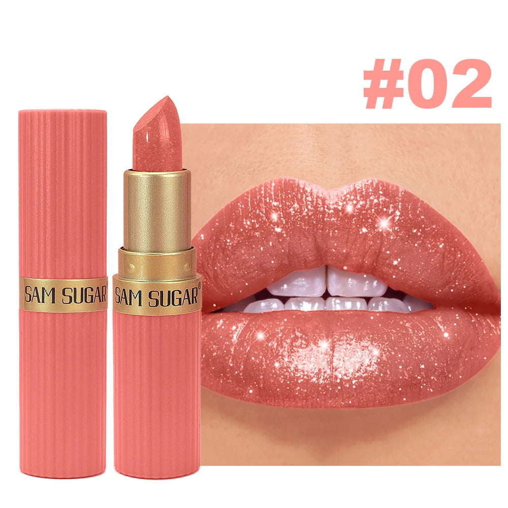 Pearlescent Pink Glitter Velvet Lipstick Metallic Waterproof Long Lasting Matte Shimmer Diamond Lipstick Women Makeup Cosmetic
