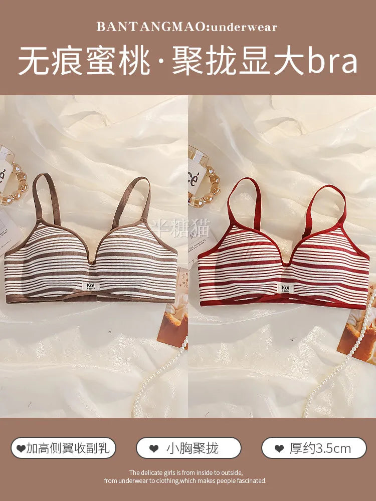 Modest Full Coverage Striped Push Up Bra for Women Small Chest Thick Padding Mastectomy Cup Anti Sagging Seamless Luxury Bra sAB