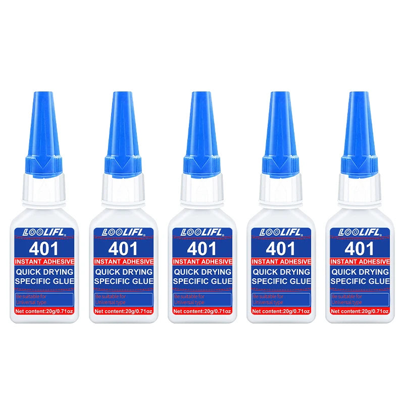 Brand-new upgraded 401 super cyanoacrylate glue, instant drying in 5 seconds, waterproof, stable and versatile bonding tool.