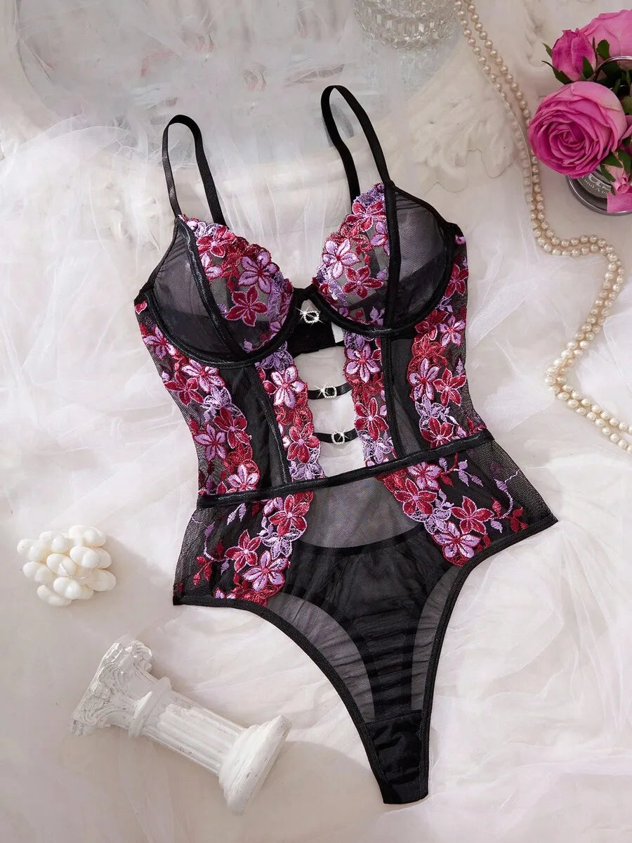 Floral Embroidered Mesh Bodysuit with Sheer Panels and Adjustable Straps