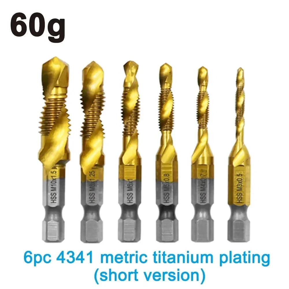 6pc high speed steel M3-M10 titanium plated composite tap hexagonal drill and tap integrated tap machine with hole chamfer tool