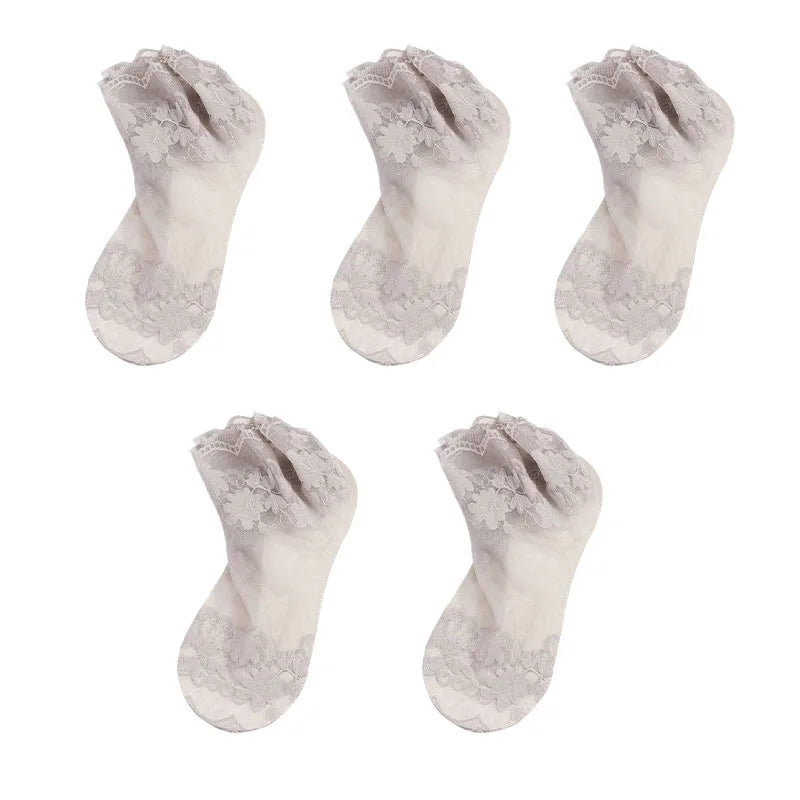 5Pairs Women's Floral Lace Socks Transparent Lolita Invisible Summer Breathable Invisible Crew Sock Summer Lolita Thin Ankle Sox