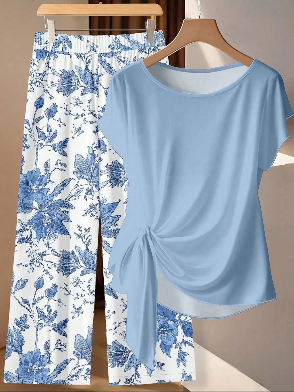 Window Geometric Print Pants Matched With Loose Tie Bow Blue Shirt, 2 Pieces Set Suitable For Spring/Summer VacationEV
