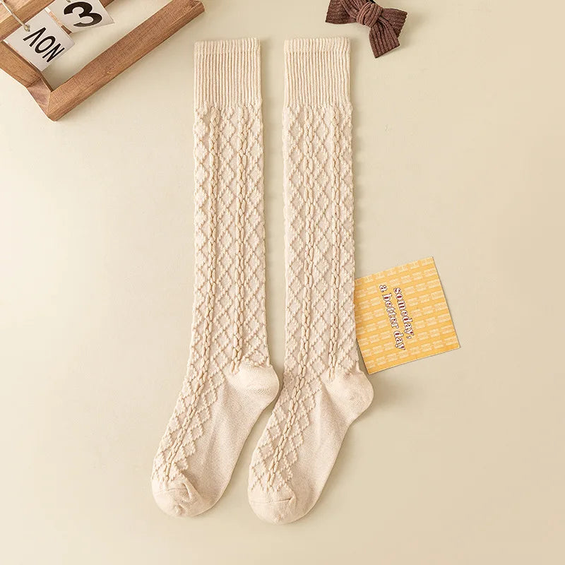 Autumn Winter Japanese Retro Cream White Wool Twisted Anti-Slip Calf Socks Beige Slimming Versatile Mid-Calf Socks