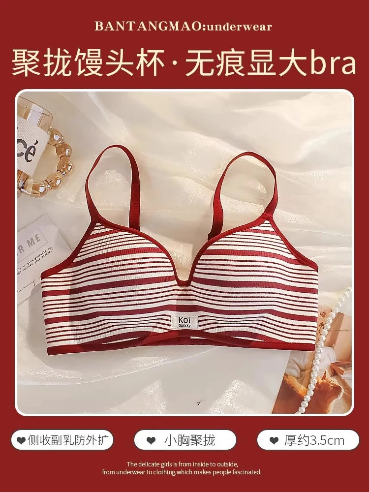Modest Full Coverage Striped Push Up Bra for Women Small Chest Thick Padding Mastectomy Cup Anti Sagging Seamless Luxury Bra sAB
