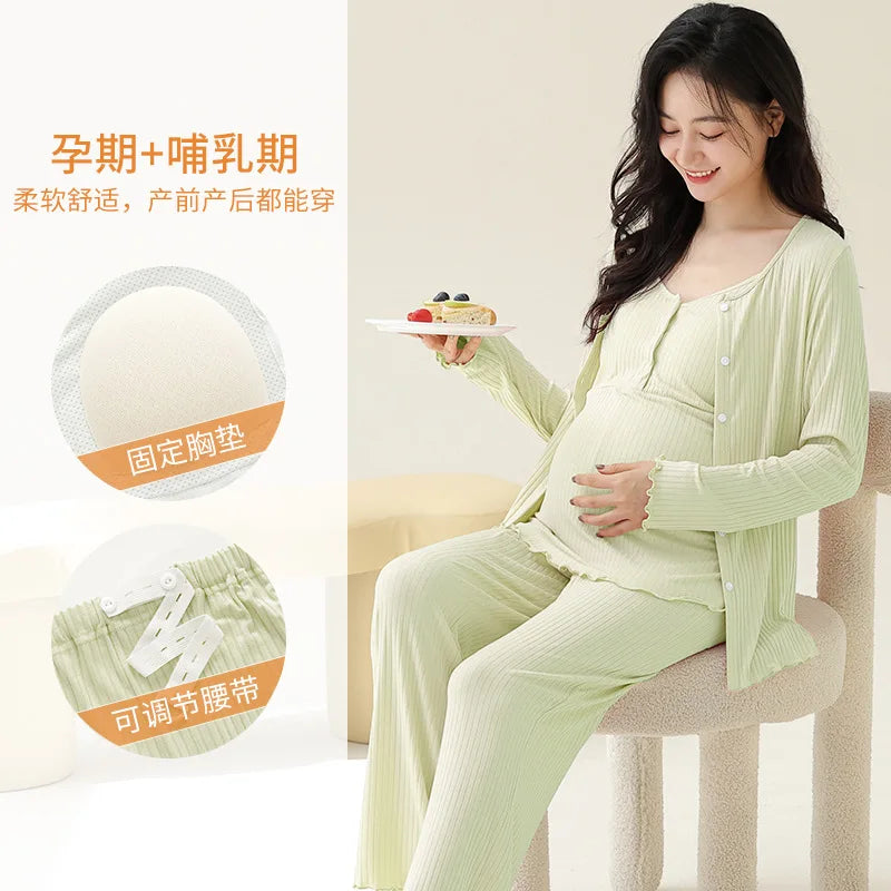 Modal Maternity Nursing Robe Set 3 Piece Postpartum Breastfeeding Pajamas with Chest Pads Hospital Labor Delivery Pregnancy Pjs