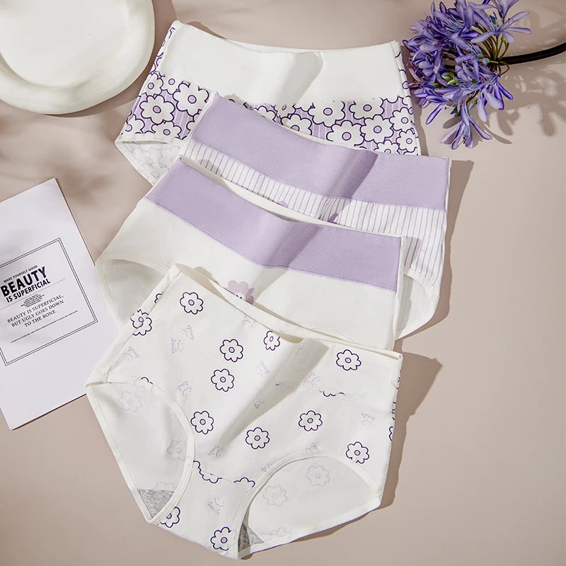 4Pcs/Set High Waist Women Panties Cotton Underwear Fashion Print Ladies Briefs Slim Underpants Breathable Sexy Ladies Lingerie