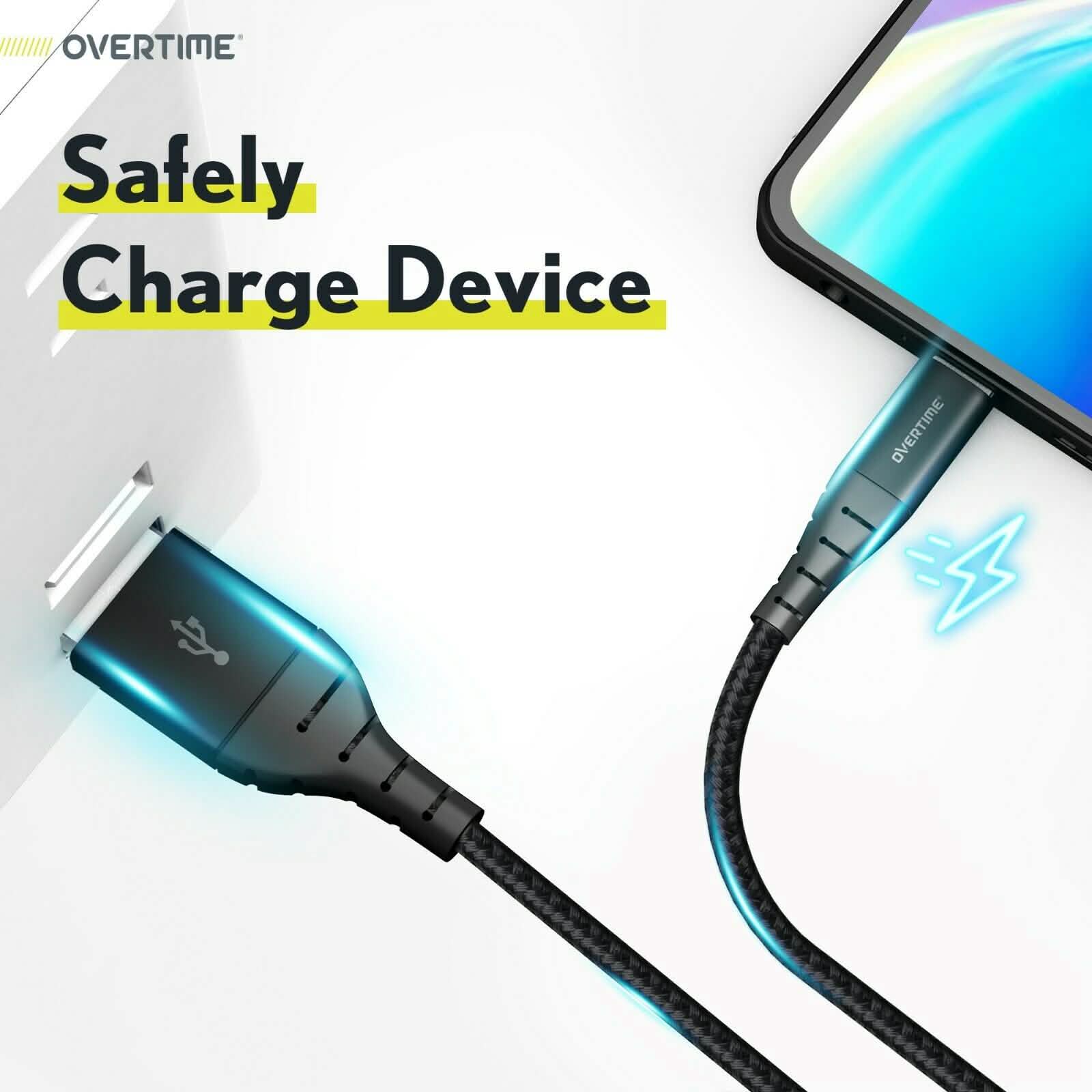 6 Ft. Overtime USB Type C Premium Braided Cable Fast Rapid Charging USB Cable Black