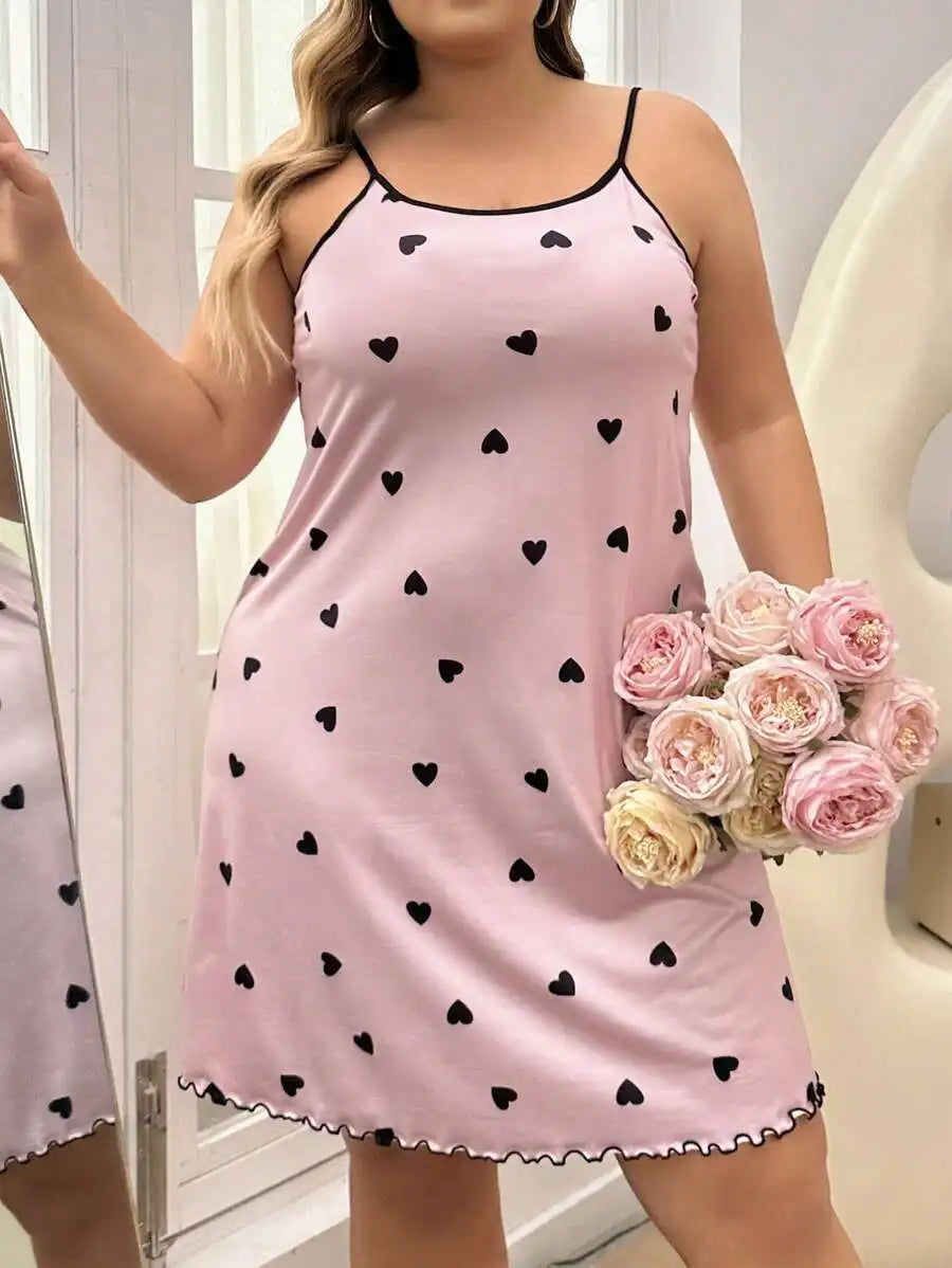 Plus Size Pink Heart Print Camisole Nightgown with Black Trim and Ruffled Hem