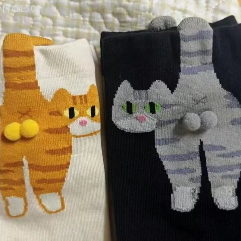 【N】 1/2 Pair Cartoon Cute Cat Balls Cotton Socks, Kawaii Lolita Knitting Middle Tube Socks with Cat Butt Print