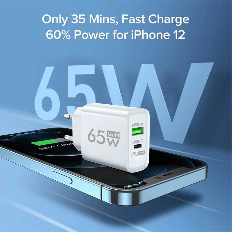 PD 65W GaN Type C USB Mobile Phone Charger Fast Charging Power Adapter For iPhone Samsung Hawei Xiaomi Quick Charge Wall Charger