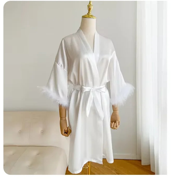 Wedding Bride Bridesmaid Robe Satin Kimono Intimate Lingerie Lady Sexy Feather Sleeve Bathrobe Nightgown Short Sleepwear Onesize