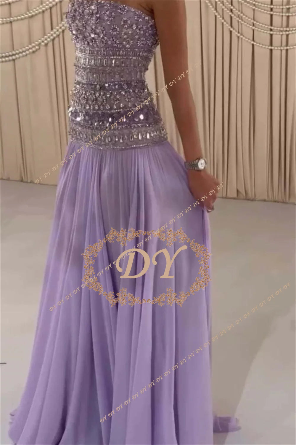 DY Luxury Strapless Lilac Beaded Bodice Evening Dress with Flowing Skirt Chiffon Dubai Wedding Party Gown 2026 Customized