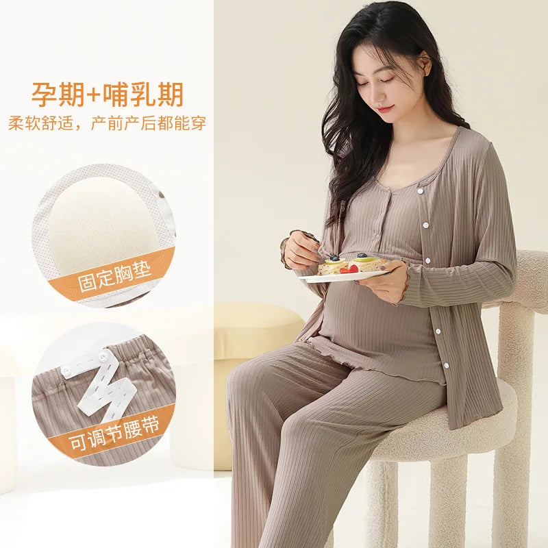 Modal Maternity Nursing Robe Set 3 Piece Postpartum Breastfeeding Pajamas with Chest Pads Hospital Labor Delivery Pregnancy Pjs
