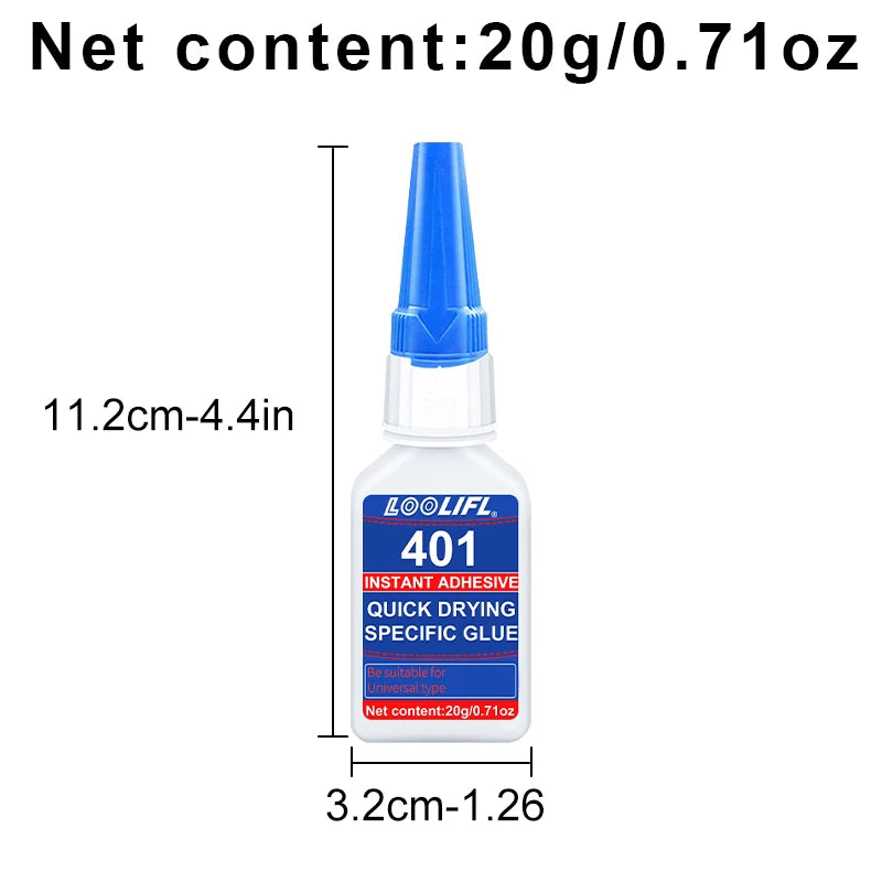 Brand-new upgraded 401 super cyanoacrylate glue, instant drying in 5 seconds, waterproof, stable and versatile bonding tool.