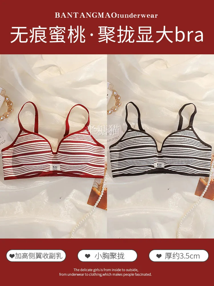 Modest Full Coverage Striped Push Up Bra for Women Small Chest Thick Padding Mastectomy Cup Anti Sagging Seamless Luxury Bra sAB