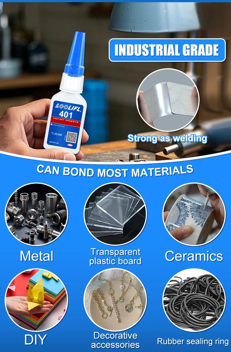 Brand-new upgraded 401 super cyanoacrylate glue, instant drying in 5 seconds, waterproof, stable and versatile bonding tool.