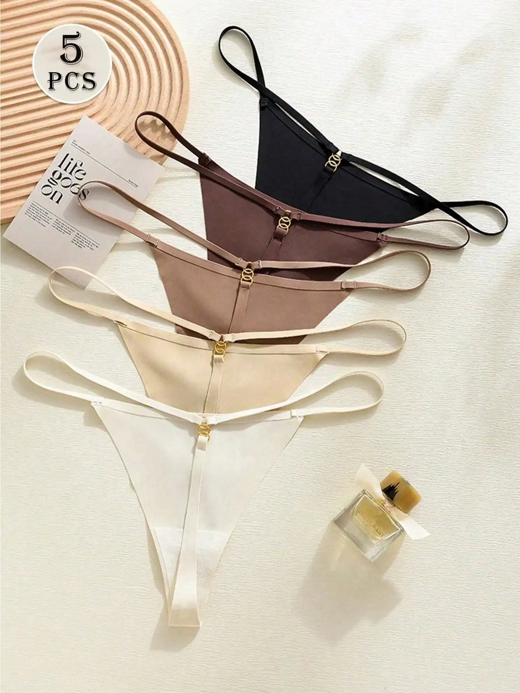 5-Pack Women's Low-Rise Strappy G-String Thongs with Gold Accent