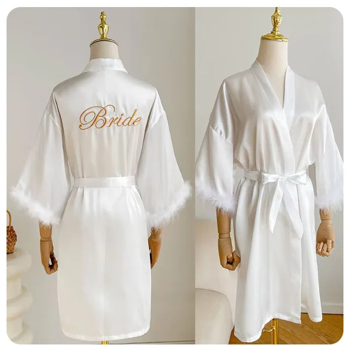 Wedding Bride Bridesmaid Robe Satin Kimono Intimate Lingerie Lady Sexy Feather Sleeve Bathrobe Nightgown Short Sleepwear Onesize