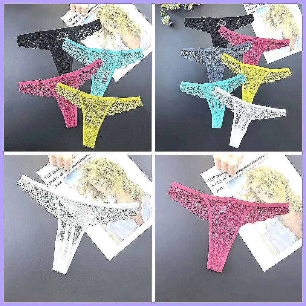 4Pcs Sexy Lace Thong Panties Women Low Rise Transparent Lingerie Set Plus Size