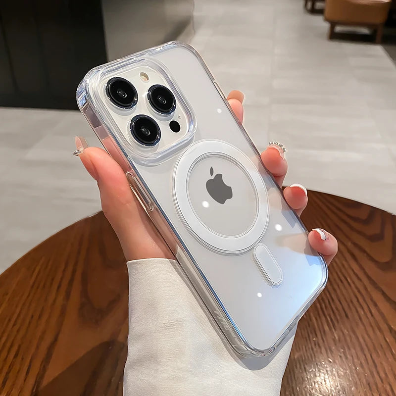 For Magesafe Magnetic Transparent Wireless Charge Case For iPhone 11 12 13 14 15 16 17 Air Pro Max Plus Mini Shockproof PC Cover