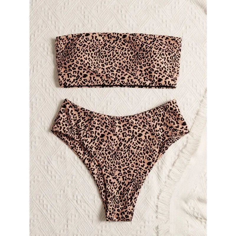 2026 new summer beach leopard print tube top high waist bikini suit suitable for beach swimmingknv