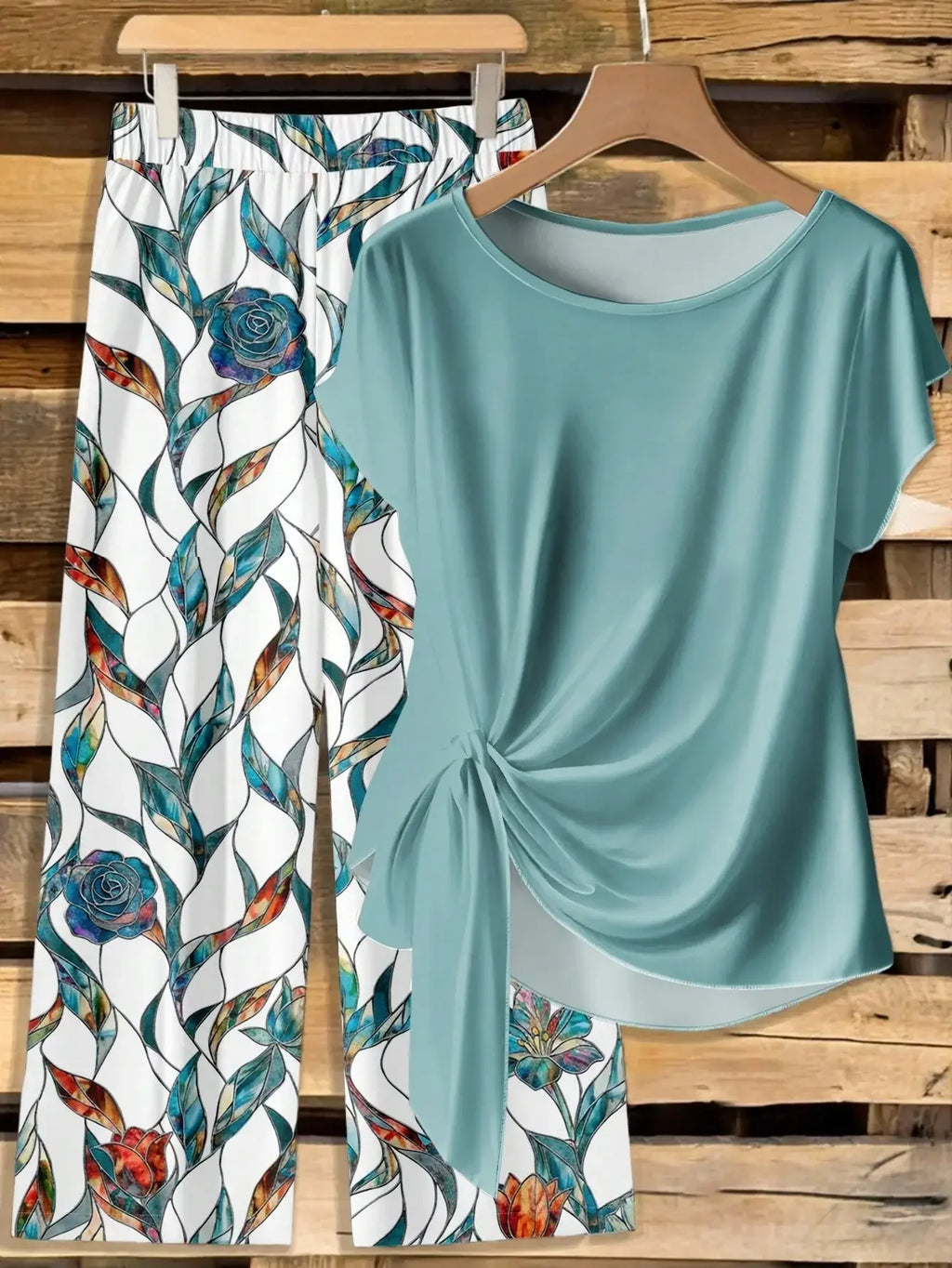 Window Geometric Print Pants Matched With Loose Tie Bow Blue Shirt, 2 Pieces Set Suitable For Spring/Summer VacationEV