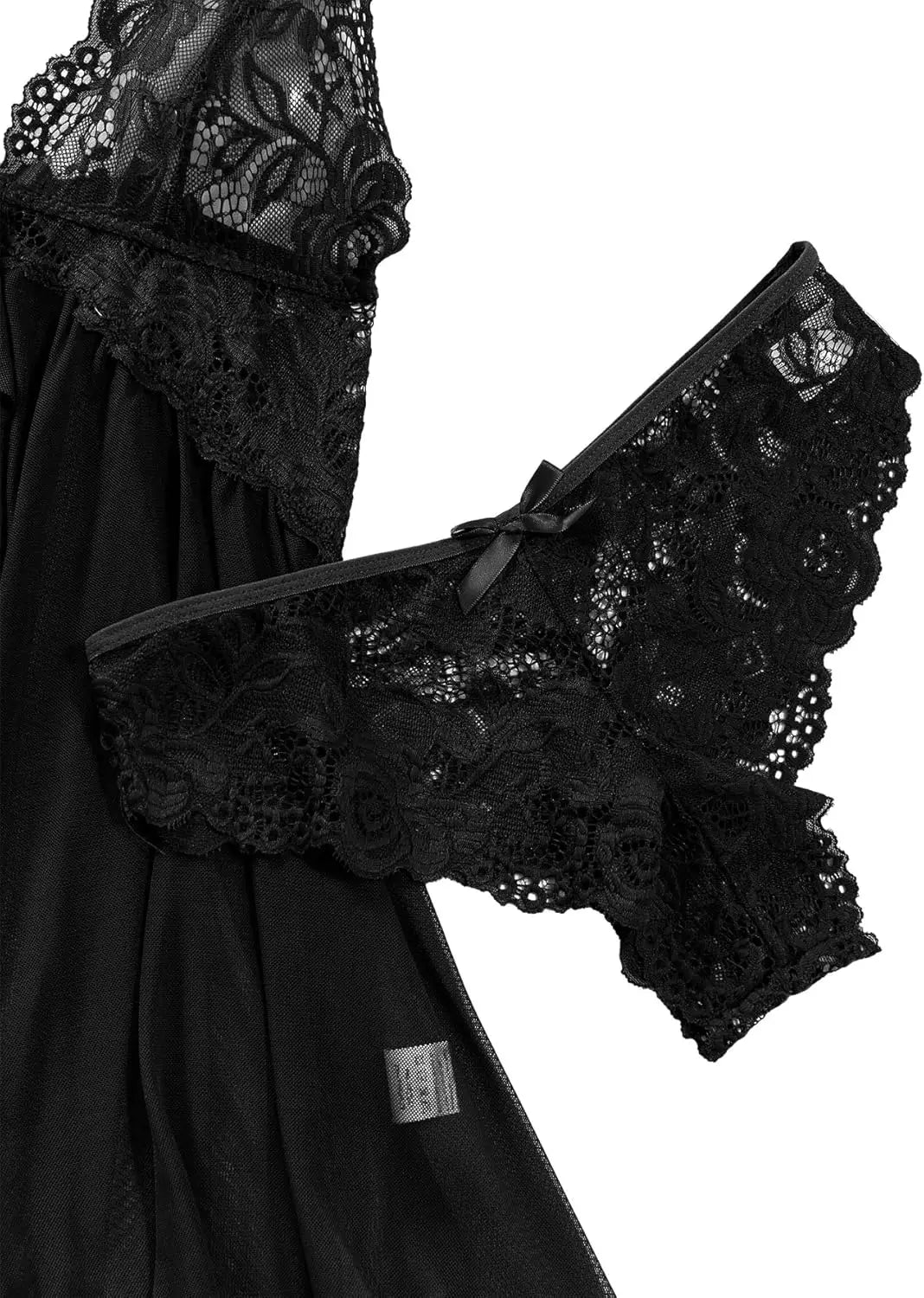 Sexy Open Front Closure Floral Lace Mesh Sheer Babydoll Lingerie Dress with Thong 2 Piece